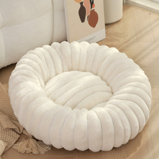 Premium Rabbit Plush Round Pet Bed - Long Hair Winter Warm Dog Cat Bed